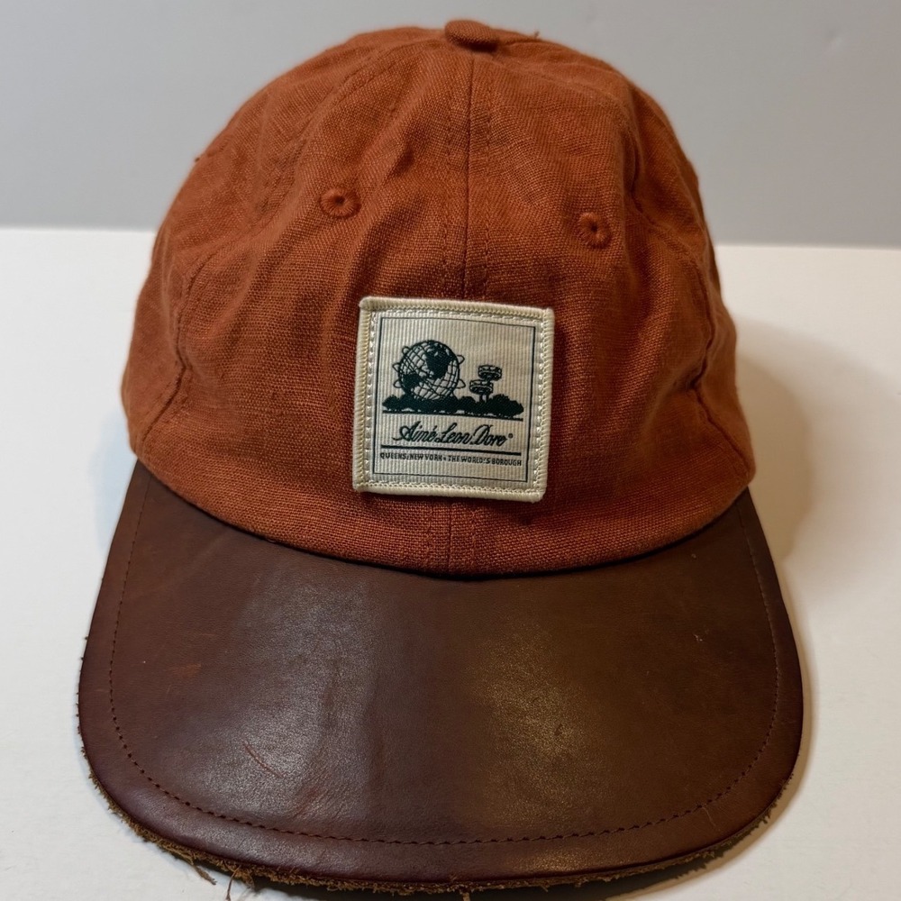 Aime Leon Dore Strapback Hat Mens Orange Brown Leather Brim Linen Cap